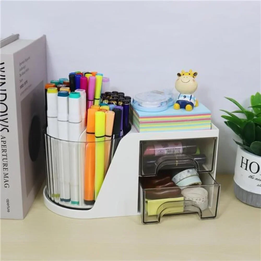 Desk Organizer with Rotating Pen Holder: White Caddy with 2 Drawers‎ for School